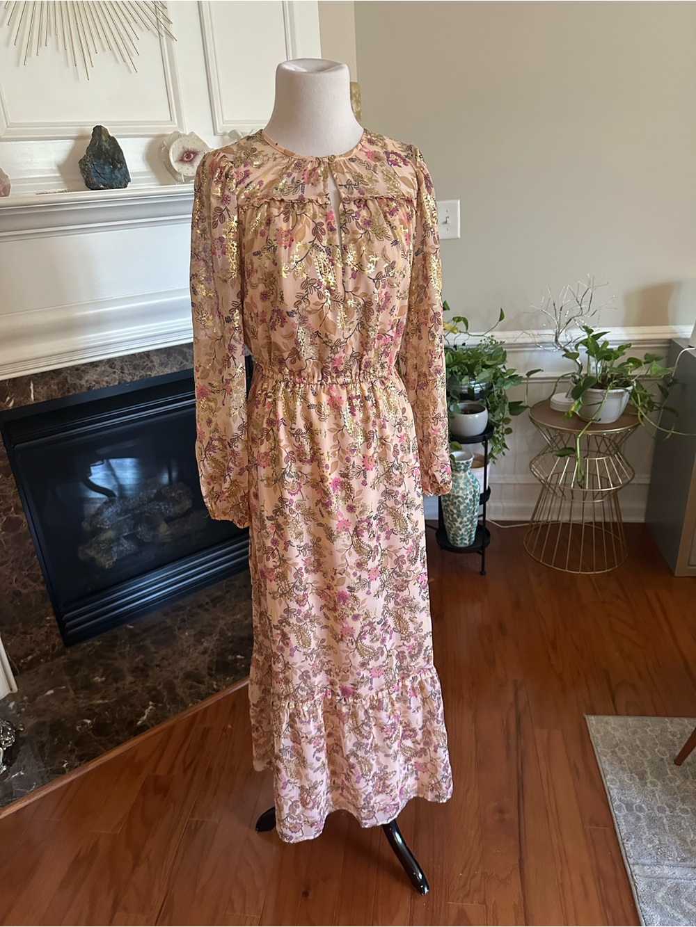 LOFT Pink Cream Gold Floral Paisley Long Sleeve Maxi Dress